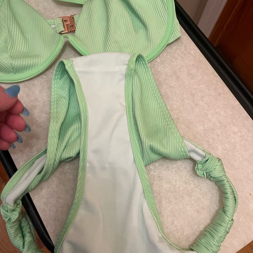 This is a Nory Rose sage green ribbed underwire bikini set with tie details. - Picture 4 of 5